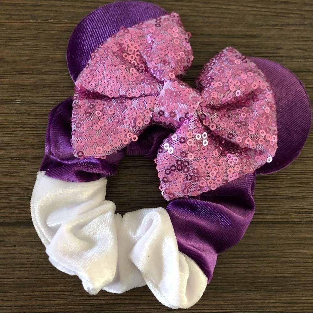 Purple and white velvet and sequin Mickey ear hair scrunchie